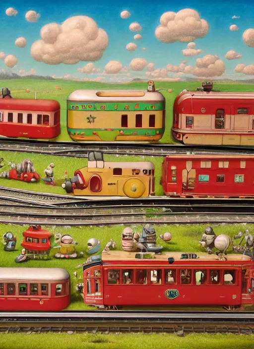 Prompt: highly detailed wide - angle portrait of a cute tin toy retro train set, nicoletta ceccoli, mark ryden, lostfish, earl nore, hyung tae, frank frazetta, global illumination, god rays, detailed and intricate environment