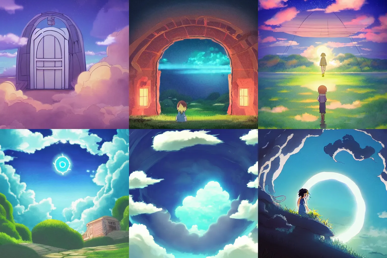 Prompt: Dimensional portal in the sky in the style of ghibli, serene, warm lights, cinematic