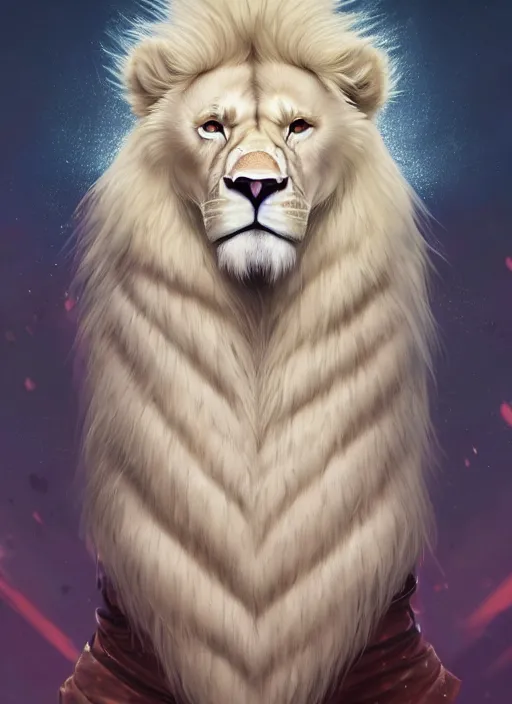 Prompt: aesthetic portrait commission of a of a male fully furry muscular anthro albino lion with a tail and a beautiful attractive hyperdetailed face wearing stylish and creative wearing Norwegian outfit in a sci-fi utopian city at golden hour while it sunshowers in the background. Character design by charlie bowater, ross tran, artgerm, and makoto shinkai, detailed, inked, western comic book art, 2021 award winning film poster painting