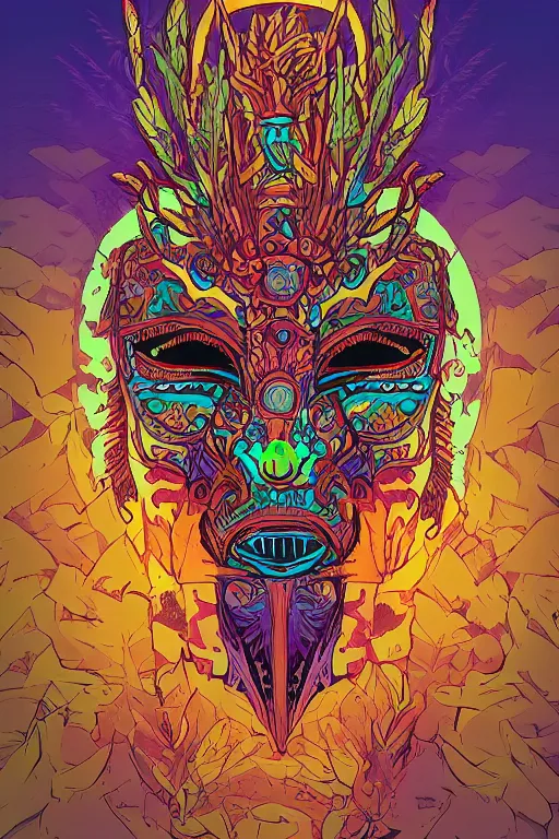 Image similar to animal mask totem roots flower tribal feather gemstone plant wood rock shaman vodoo video game vector cutout illustration vivid multicolor borderlands comics by josan gonzales and dan mumford radiating a glowing aura