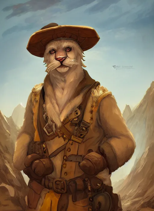 Prompt: fursona commission of a anthro albino mountain lion wearing old-timey miner's clothes. pretty, beautiful, DnD character art portrait, matte fantasy painting. Desert mining town. DeviantArt Artstation, by Jason Felix by Steve Argyle by Tyler Jacobson by Peter Mohrbacher, cinematic lighting