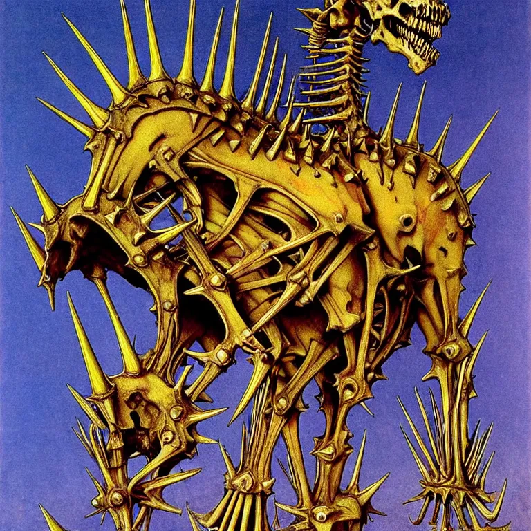 Prompt: A little vibrant. A spiked horned detailed horse skeleton with armored joints stands in a large castle with a pebble in hands and toes. Wearing massive shoulderplates. Extremely high details, realistic, fantasy art, solo, masterpiece, bones, ripped flesh, colorful art by Zdzisław Beksiński, Arthur Rackham, Dariusz Zawadzki, Harry Clarke