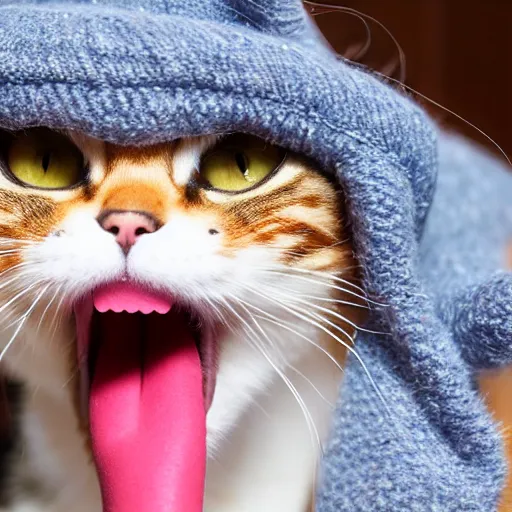 Image similar to cute cat photo licking tongue sticking out, wearing wool hat, cat ears