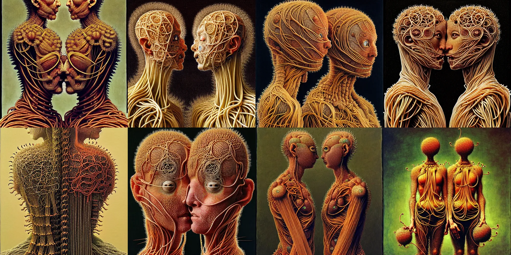 Prompt: siamese twins made of spaghetti, intricate armor made of fractals of spagetthi, highly detailed, full frame, by giuseppe arcimboldo and ambrosius benson, renaissance, a touch of beksinski and takato yamamoto, realistic