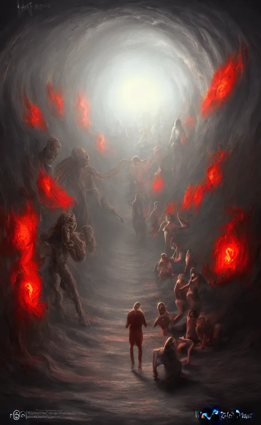 Image similar to Meeting God in hell, digital art, trending on art station