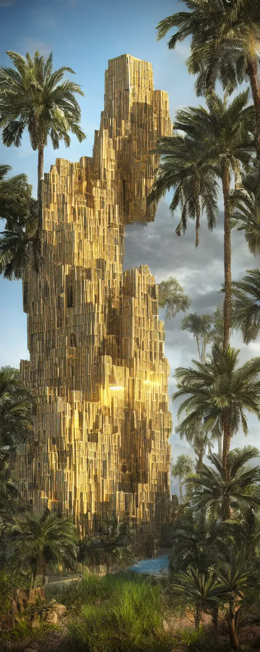 Prompt: photorealistic photo of a single tower mountain shape golden gardens of babylon tower, golden stone color palette, sacred ancient architecture, solid exterior, wide tower with hanging gardens on the balconies, cascading highrise, next to mountains and river with lush palm forest, zaha hadid, sunlight, eye - level view, post - production, octane, cgi, sfx