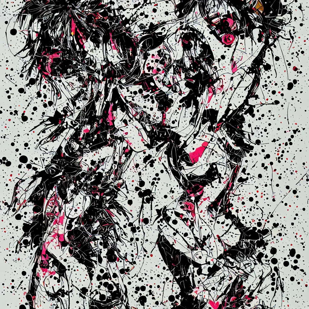 Image similar to girl figure, abstract, jet set radio artwork, ryuta ueda artwork, cryptic, rips, spots, asymmetry, stipple, lines, glitches, color tearing, pitch bending, stripes, dark, ominous, eerie, hearts, minimal, points, otomo katsuhiro artwork, technical, natsumi mukai artwrok, folds