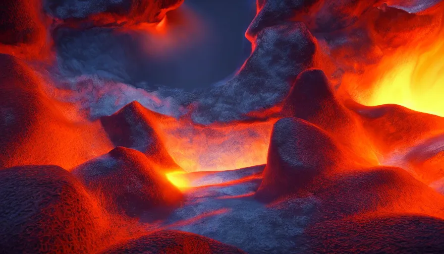 Image similar to wide angle cinematic shot of a deep fiery canyon in a freezing icy planet, ice fire contrast, epic scale, HD cinematic render, volumetric lighting, 4k