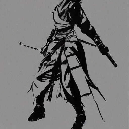 Prompt: female wandering samurai, yoji shinkawa