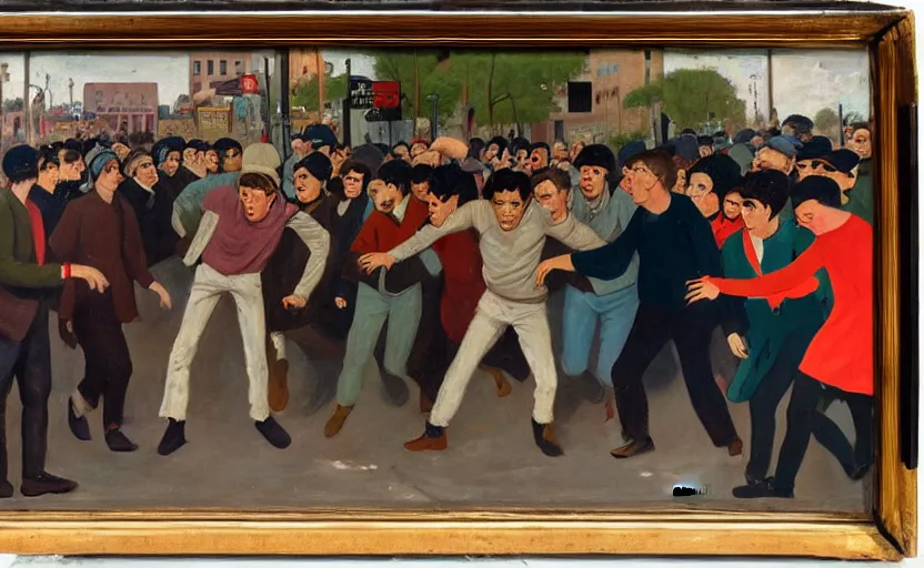 Prompt: ernst ludwig painting of a frightened young man in a street surrounded by people who have no eyes. people are starting at crt televisions on the corner s 1 5 0