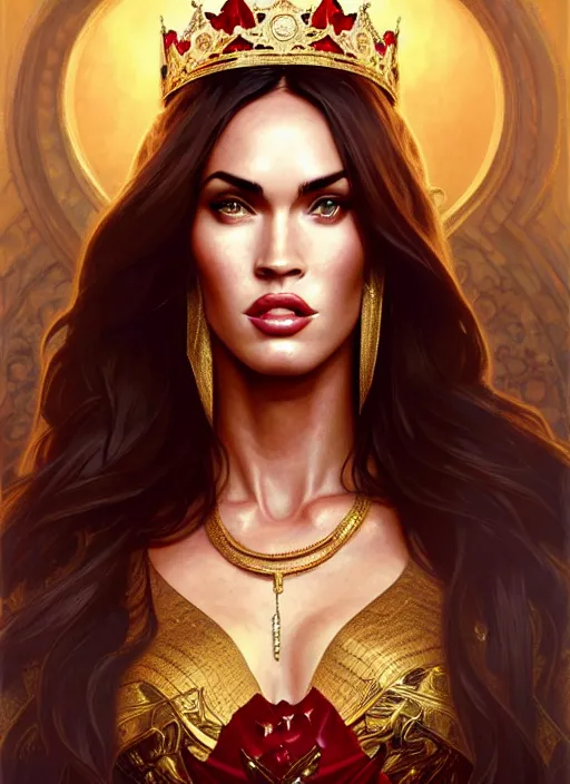 Image similar to portrait of megan fox as a queen, throne, jewelry, greek, ruby, intricate, headshot, highly detailed, digital painting, artstation, concept art, sharp focus, cinematic lighting, illustration, art by artgerm and greg rutkowski, alphonse mucha, cgsociety