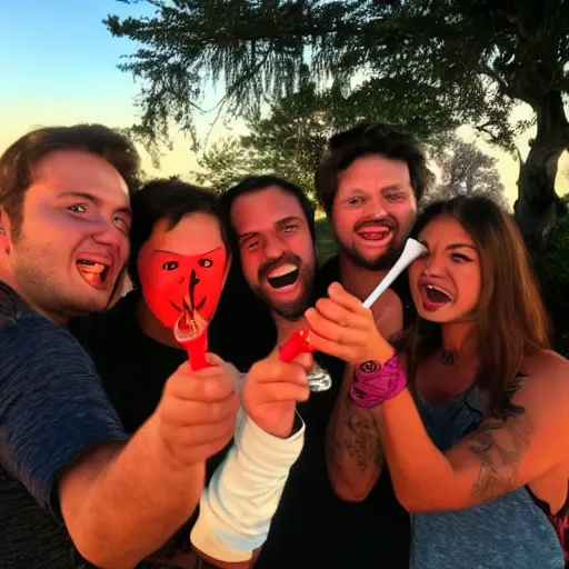 Prompt: a bill. a bong. a group of friends. enjoying themselves and laughing it up. sun set. red accents.