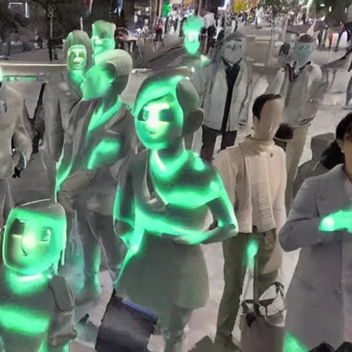 Image similar to everyone on the streets of japan suddenly turned into stone statues, the situation was eerie and silent dr. stone film footage, with green light effect from above