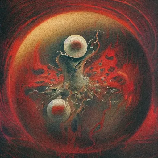 Image similar to a sphere being devoured by abstract splatters of paint in the style of francis bacon, venus being engulfed in flames in the style of james jean, surreal, beksinski, high detailed