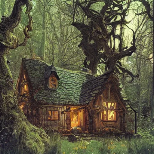 Image similar to witch cottage in the forest, art by norman rockwell and donato giancola and greg rutkowski