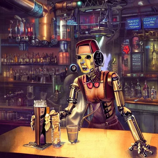 Prompt: a steampunk cyberpunk robot is at the bar and orders a drink from a bartender TY beanie baby puppy (fluffy), cgsociety, old master.