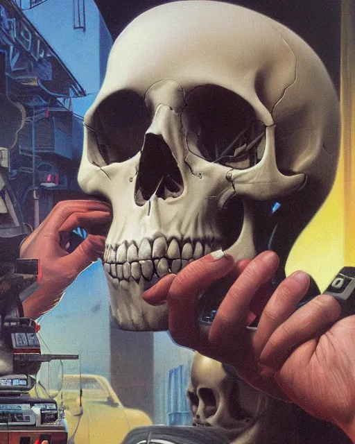 Image similar to a pensive skull observing 8 0 s era technology, vintage shapes, retro technology, vintage color, wayne barlow, oil on canvas, deep depth of field, masterpiece, cinematic composition, hyperdetailed