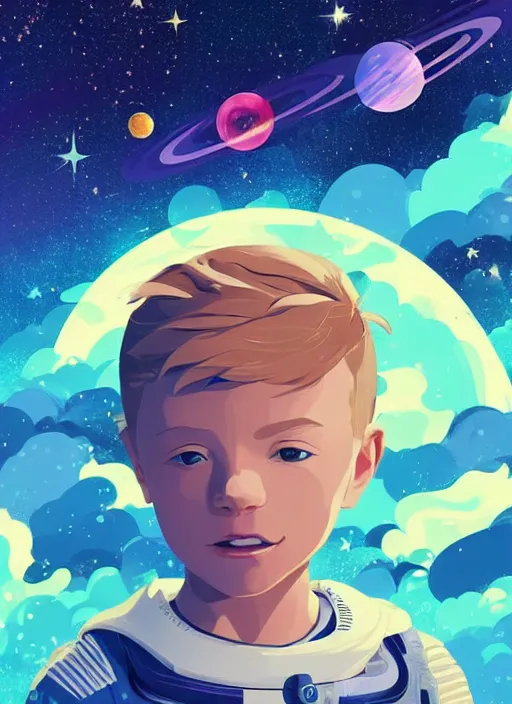 Image similar to little boy with short blonde hair. he is floating in space. he is wearing a space suit. background is a nebula. clean cel shaded vector art. shutterstock. behance hd by lois van baarle, artgerm, helen huang, by makoto shinkai and ilya kuvshinov, rossdraws, illustration, art by ilya kuvshinov