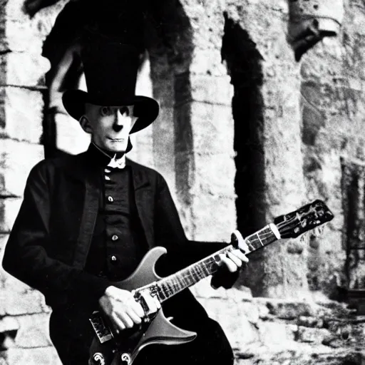 Image similar to vintage photograph of count orlok outside his castle, playing the blues on guitar, castle in the background, 4 k