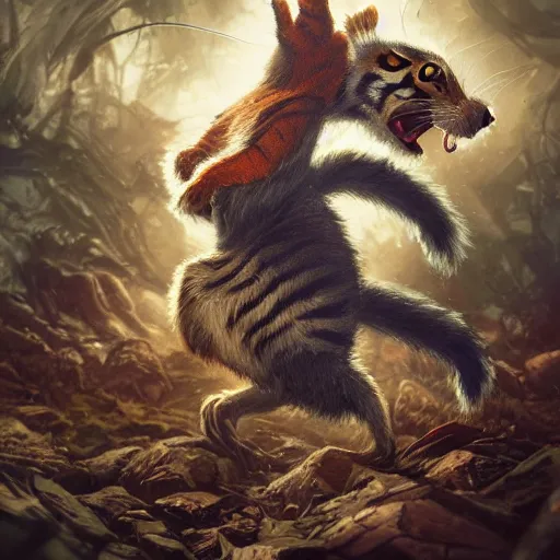 Image similar to Squirrel/tiger, biting, ferocious, angry, magic the gathering artwork, D&D, fantasy, cinematic lighting, centered, symmetrical, highly detailed, digital painting, artstation, concept art, smooth, sharp focus, illustration, volumetric lighting, epic Composition, 8k, art by Akihiko Yoshida and Greg Rutkowski and Craig Mullins, oil painting, cgsociety