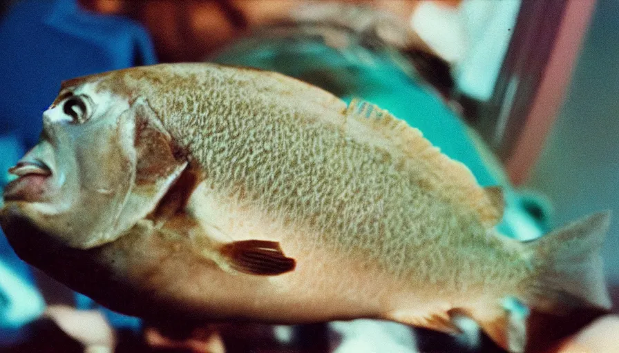 Image similar to 7 0 s movie still of a fish with an old man head in hospital, cinestill 8 0 0 t 3 5 mm technicolor, heavy grain, high quality, high detail