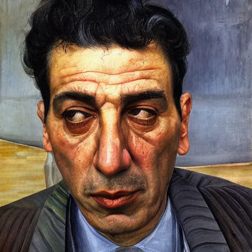 Image similar to high quality, high detail, realistic portrait of bahram beyzai, painted by lucian freud, dramatic lighting, cinematic composition