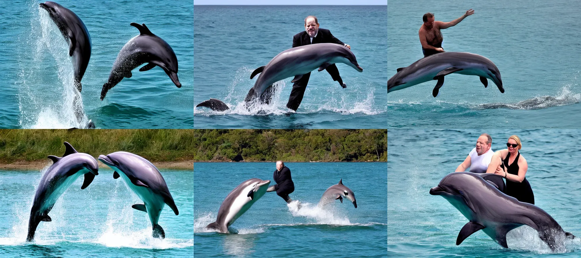 Prompt: harvey weinstein riding a dolphin
