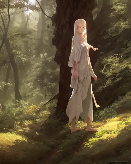 Image similar to a white tribeswoman standing in the woods. By Makoto Shinkai, Stanley Artgerm Lau, WLOP, Rossdraws, James Jean, Andrei Riabovitchev, Marc Simonetti, krenz cushart, Sakimichan, D&D trending on ArtStation, digital art.