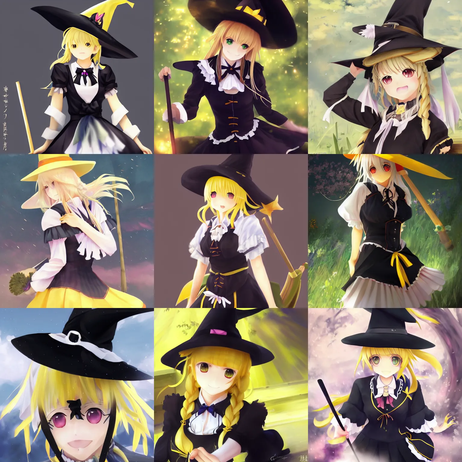 Prompt: pixiv artwork portrait of cute witch marisa kirisame from touhou project, marisa kirisame touhou artwork black black hat hat broom blonde hair finely detailed yellow eyes maid dress white apron by greg rutkowski makoto shinkai key art 4 k 8 k ultrahd trending award winning