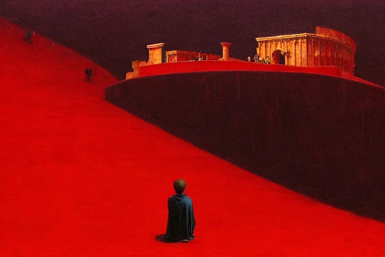 Image similar to only with red, a red melted emperor, taormina amphitheatre, crowd hails him happy, in the style of beksinski, parts by edward hopper, parts by rodcenko, parts by yue minjun, intricate and epic composition, red by caravaggio, insanely quality, highly detailed, masterpiece, red light, artstation, 4 k