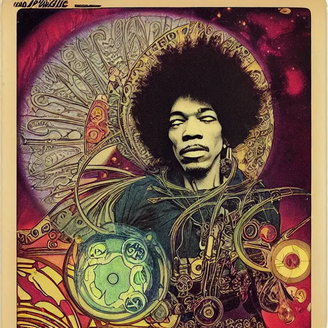 Image similar to polaroid of a vintage record cover by Franklin Booth showing a portrait of Jimi Hendrix as a futuristic space shaman, Alphonse Mucha background, psyadelic art, star map, smoke, sciFi