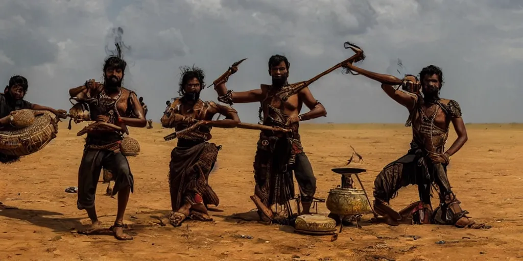 Image similar to sri lankan mad max style, playing bongo drum, film still, epic shot cinematography, rule of thirds