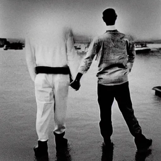 Prompt: gay couple holding hands in the titanic, historical photograph, black and white