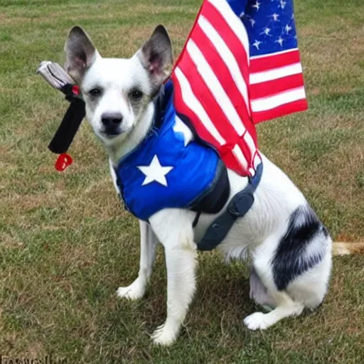 Image similar to a dog with a trident, riding a patriotic bald eagle