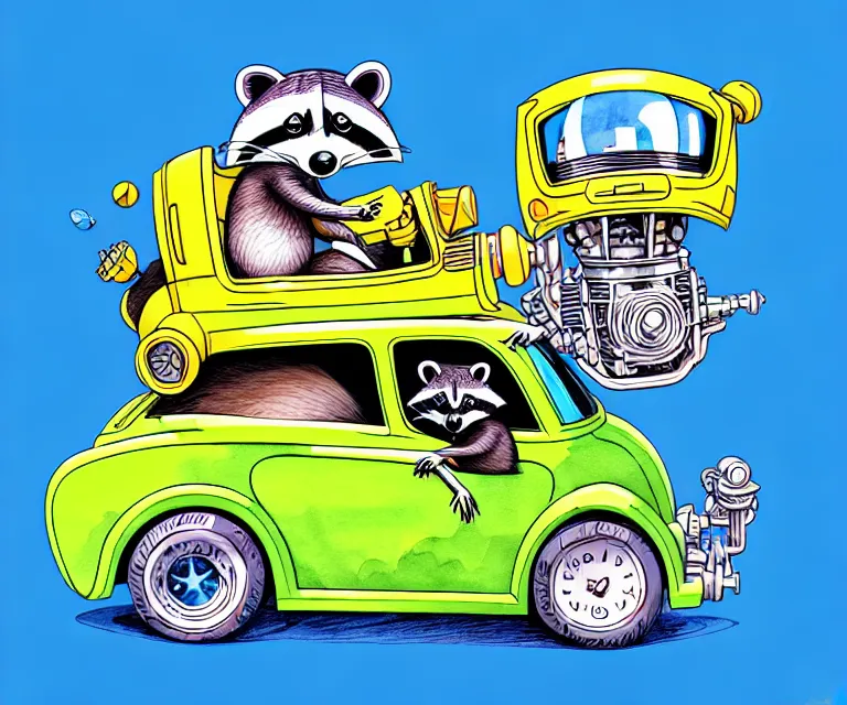 Image similar to cute and funny, racoon wearing a helmet riding in a tiny hot rod with oversized engine, ratfink style by ed roth, centered award winning watercolor pen illustration, isometric illustration by chihiro iwasaki, edited by olga shvartsur, tiny details by artgerm, symmetrically isometrically centered