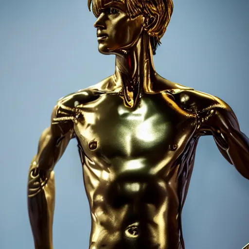 Image similar to a realistic detailed photo of a guy who is an attractive humanoid who is half robot and half humanoid, who is a male android, soccer players martin ødegaard, shiny skin, posing like a statue, blank stare, in a museum, on display, showing off his muscles, gold soccer shorts, ground view, ceramic statue