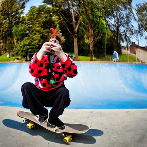 Image similar to a clown smoking a cigarette while skateboarding at a skate park on a sunny sunday morning, award winning photography, fisheye lens, detailed eyes, sports photography,