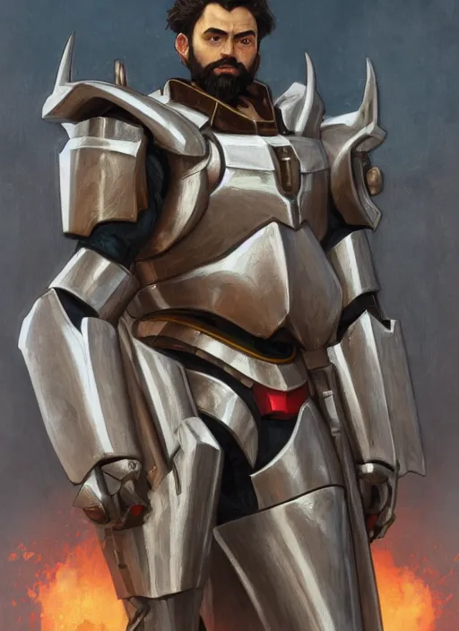 Prompt: medium-length portrait of a male paladin with short curly hair and a dark beard, dark brown skin, happy expression, wears a suit of power armor, gundam, buster sword, medieval setting, highly detailed, digital painting, artstation, concept art, sharp focus, illustration, art by greg rutkowski and alphonse mucha