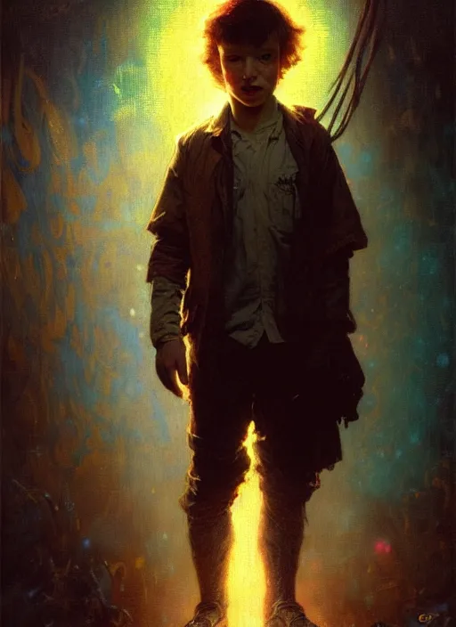 Prompt: illustration by gaston bussiere, gerome, craig mullins, greg rutkowski, john singer sargent. portrait of eddie munson joseph quinn, stranger things. 8 ß's neon retro. lights, glow, magical. dark background.