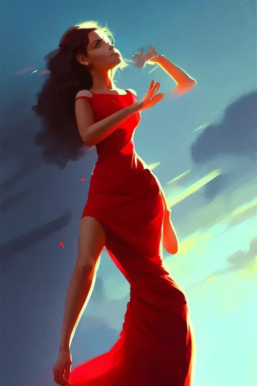 Image similar to dreamy girl character with perfect body in a nice red dress with stunnin makeup, magic vibe, perfect lighting. professional design. great composition, illustration, highly detailed, digital painting, concept art, trending on artstation, by greg rutkowski, by rhads