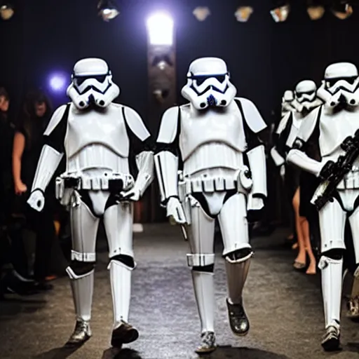 Prompt: steampunk stormtroopers staging a fashion show while wearing haute couture