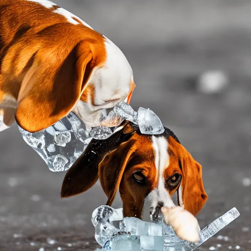 Prompt: a beagle made of ice eating a carrot made of ice. Photography. Highly detailed. 8K