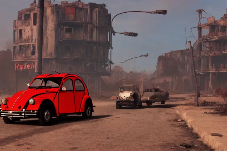 Image similar to red and black citroen 2 cv ( 1 9 6 5 ) driving across the wastelands of fallout 4, dramatic lighting, establishing shot, by simon stalenhag