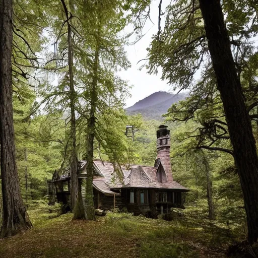 Image similar to a spooky gothic mansion in the woods with mountains in the back, a trail leads to the doors. amy weber, andi rusu, Dan Frazier