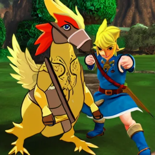 Image similar to legend of zelda link riding an amoured chocobo