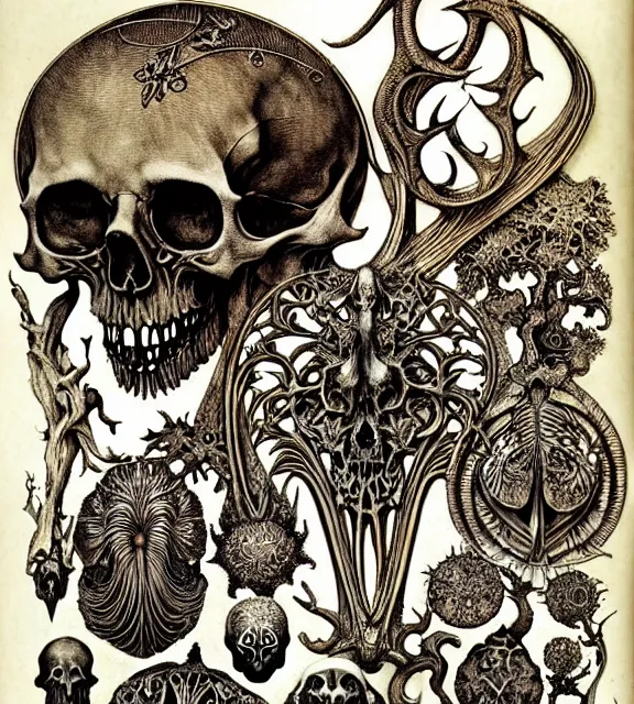 Image similar to memento mori by arthur rackham, art forms of nature by ernst haeckel, exquisitely detailed, art nouveau, gothic, ornately carved beautiful skull dominant, intricately carved antique bone, art nouveau botanicals, ornamental bone carvings, art forms of nature by ernst haeckel, horizontal symmetry, arthur rackham, ernst haeckel, symbolist, visionary