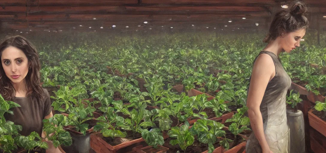 Image similar to gloomy Biopunk, organic oil painting of Alison Brie cultivating hydroponic plants, wide shot, indoors