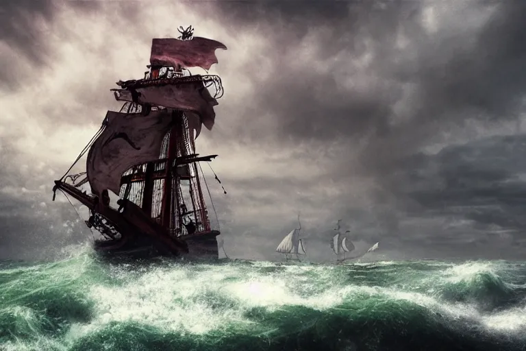 Image similar to epic pirate ship in a storm as cthulhu rises from the sea, in the style of vernon grant and chris van allsburg, trending on artstation, bright tilt - shift camcorder effect, photoshop, retrowave, hyperrealism,