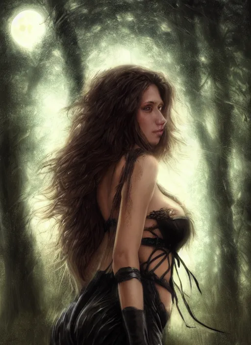 Prompt: close - up portrait of a beautiful girl as witch in front of the full big moon in a fantasy forest, black leather bra, by james gurney, max liebermann, greg rutkowski, highly detailed digital art, artstation