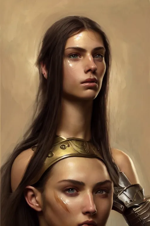 Prompt: a sharply detailed, photorealistically painted portrait of an attractive young female, partially clothed in battle armor, with an abstractly painted background, flawless olive skin, fair complexion, long dark hair, beautiful bone structure, perfectly symmetric facial features, perfect photorealistic eyes, natural physique, intricate, elegant, digital painting, concept art, finely detailed, beautifully illustrated, sharp focus, minimal artifacts, volumetric lighting, from Metal Gear, by Ruan Jia and Mandy Jurgens and Artgerm and William-Adolphe Bouguerea, in the style of Greg Rutkowski, trending on Artstation, award winning art